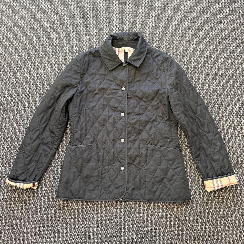 Burberry Diamond Quilted Black Jacket Women Size Small Black Nova Check Lining